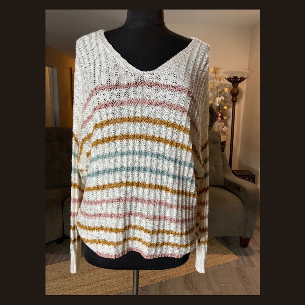 SO XL Oversized Slouchy Stripe Sweater Lightweight Boho V-Neck Pullover